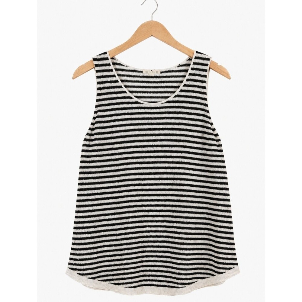 Eileen Fisher NWT Organic Linen Striped Knit Shell Top Black White Size Small